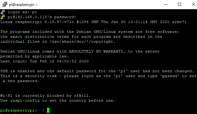 Putty Успешное соединение SSH